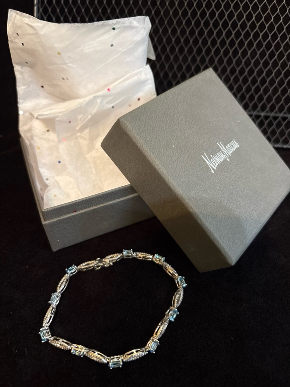 Sun 925 Women Sterling Silver Blue Topaz Marquis Link Tennis Bracelet 7.25" EUC